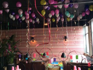 Read more about the article 1st Birthday at Sapori Italian Restaurant Ansty Leicestershire using ceiling fill balloons with some doorway and table balloons